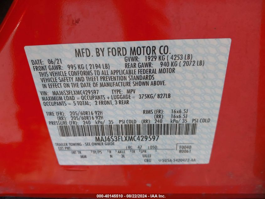 2021 Ford Ecosport S VIN: MAJ6S3FLXMC429597 Lot: 40145510