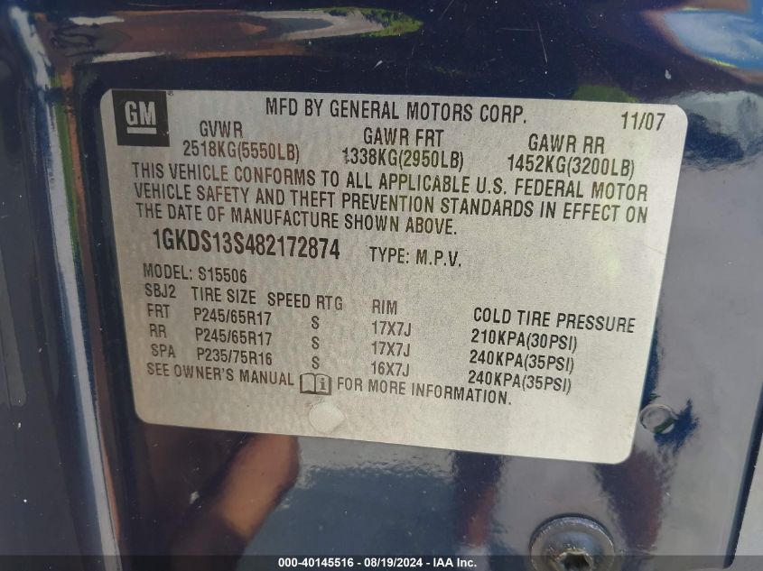 2008 GMC Envoy Sle VIN: 1GKDS13S482172874 Lot: 40145516