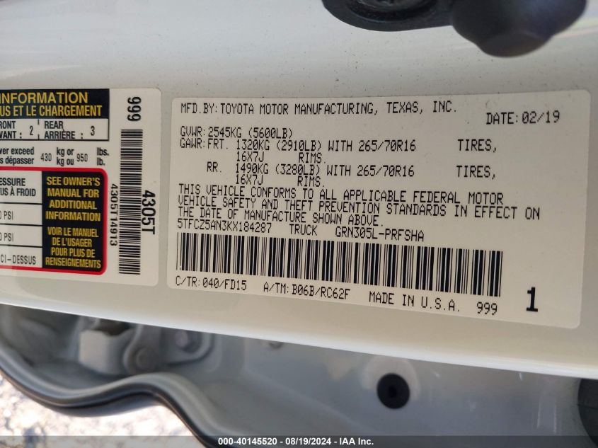 2019 Toyota Tacoma Trd Off Road VIN: 5TFCZ5AN3KX184287 Lot: 40145520