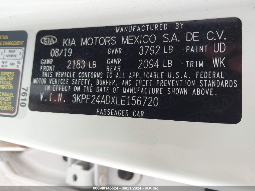 2020 Kia Forte Lxs VIN: 3KPF24ADXLE156720 Lot: 40145524