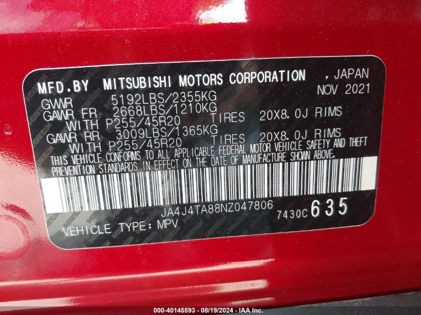 2022 Mitsubishi Outlander Es 2.5 S-Awc VIN: JA4J4TA88NZ047806 Lot: 40145593