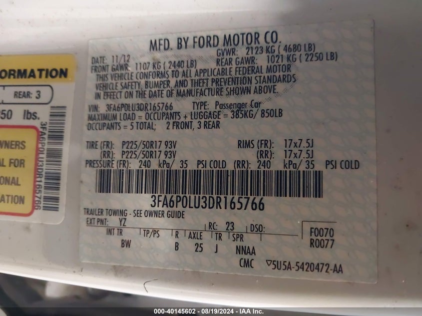 2013 Ford Fusion Hybrid Se VIN: 3FA6P0LU3DR165766 Lot: 40145602