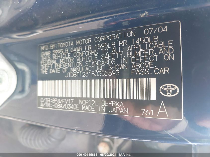 2005 Toyota Echo VIN: JTDBT123150355893 Lot: 40145663