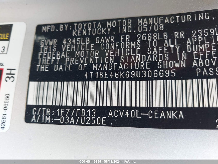 2009 Toyota Camry Le VIN: 4T1BE46K69U306695 Lot: 40145685