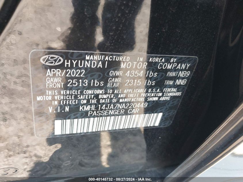 2022 Hyundai Sonata Sel VIN: KMHL14JA7NA220449 Lot: 40145732