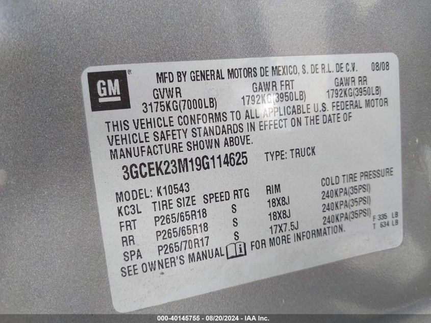 2009 Chevrolet Silverado 1500 Lt VIN: 3GCEK23M19G114625 Lot: 40145755
