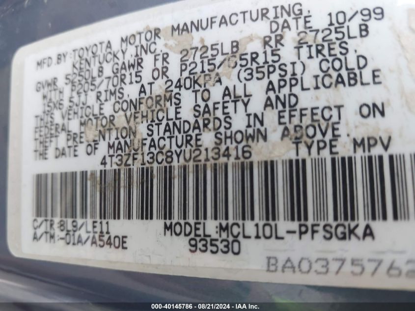 2000 Toyota Sienna Xle VIN: 4T3ZF13C8YU213416 Lot: 40145786