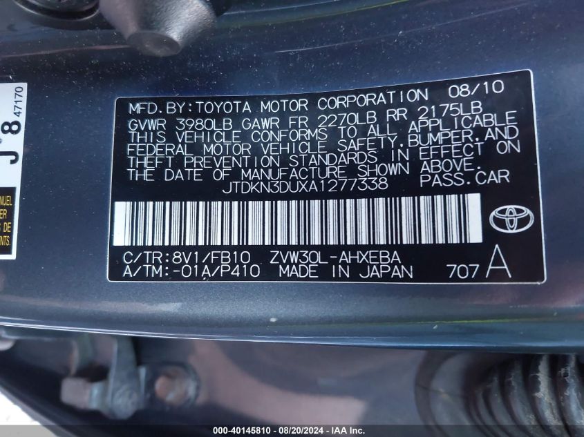 2010 Toyota Prius Iii VIN: JTDKN3DUXA1277338 Lot: 40145810