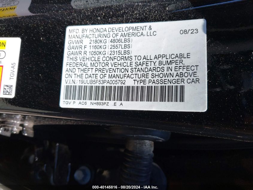 2023 Acura Tlx Tech A VIN: 19UUB5F53PA005792 Lot: 40145816