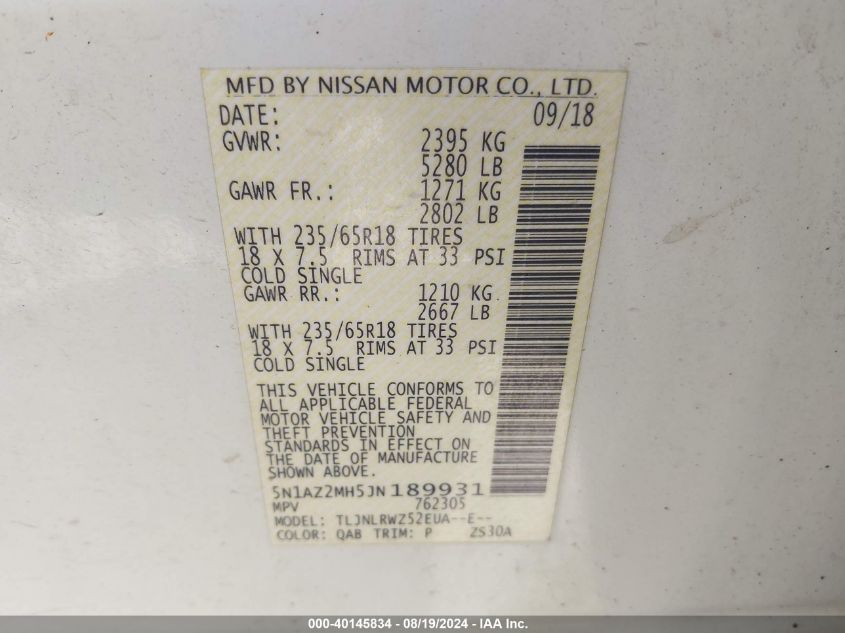 2018 Nissan Murano Sl VIN: 5N1AZ2MH5JN189931 Lot: 40145834