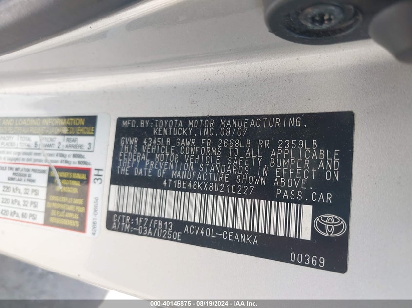 2008 Toyota Camry Le VIN: 4T1BE46KX8U210227 Lot: 40145875