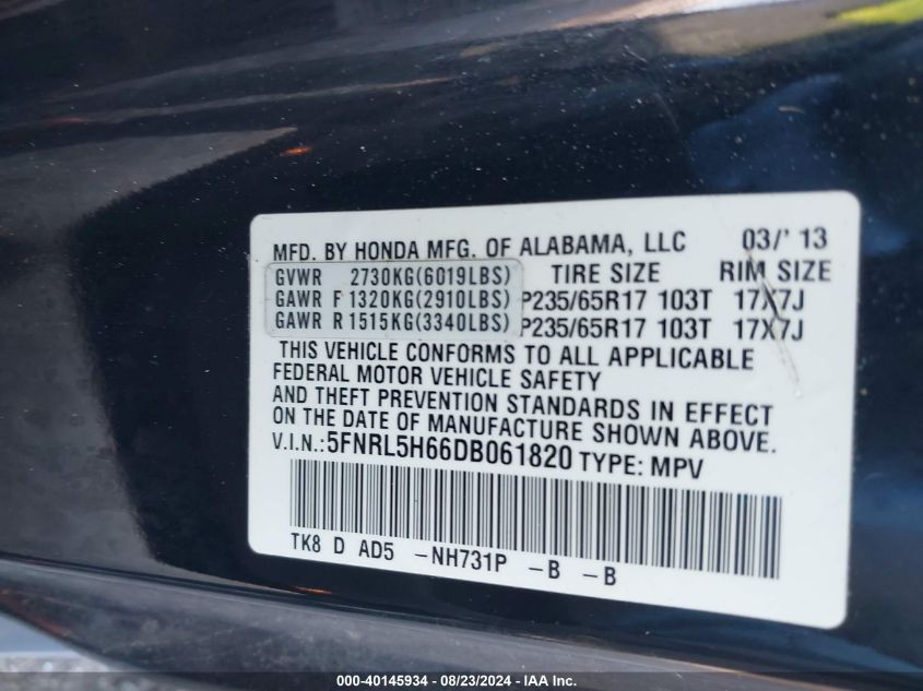 2013 Honda Odyssey Ex-L VIN: 5FNRL5H66DB061820 Lot: 40145934