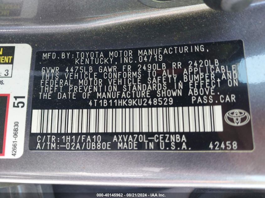 2019 TOYOTA CAMRY LE - 4T1B11HK9KU248529