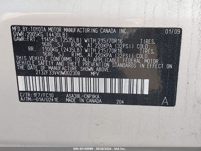 2009 Toyota Rav4 VIN: 2T3ZF33V49W002308 Lot: 40145999