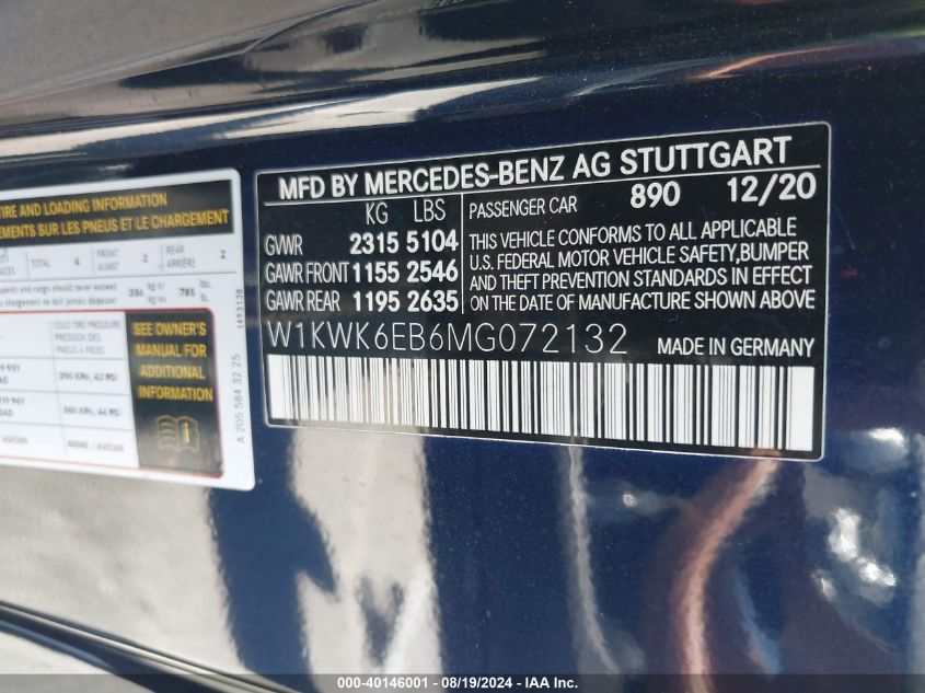 2021 Mercedes-Benz Amg C 43 4Matic VIN: W1KWK6EB6MG072132 Lot: 40146001