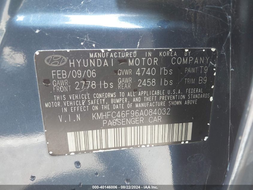 KMHFC46F96A084032 2006 Hyundai Azera Limited/Se