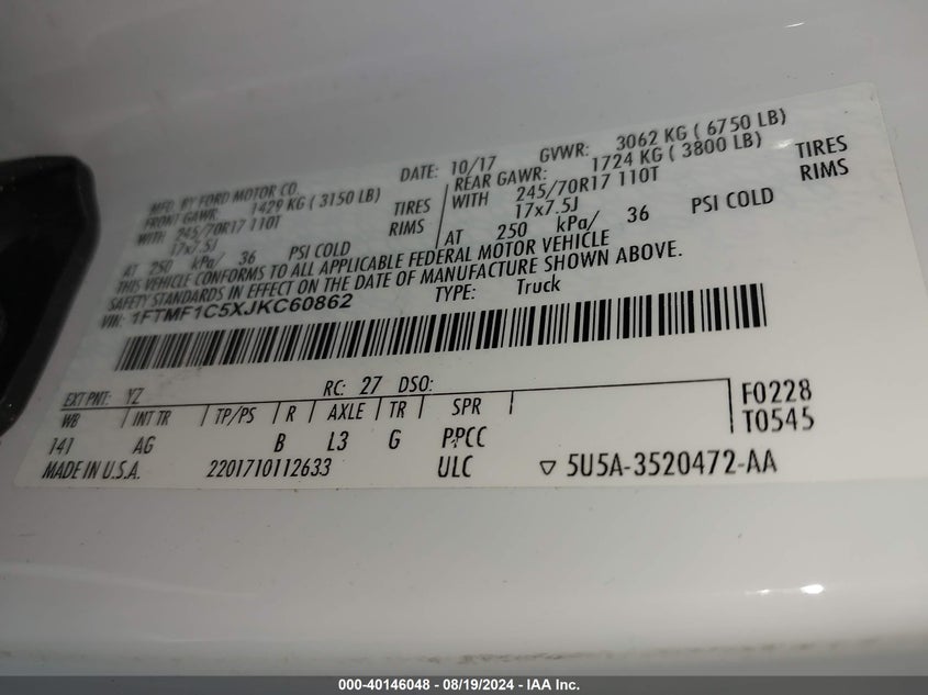 VIN 1FTMF1C5XJKC60862 2018 FORD F-150 XL