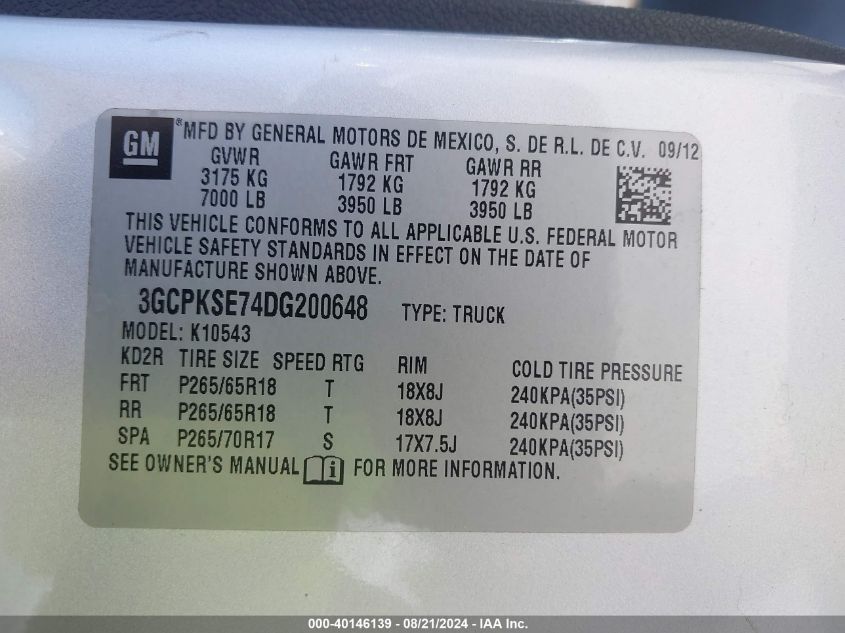 3GCPKSE74DG200648 2013 Chevrolet Silverado K1500 Lt