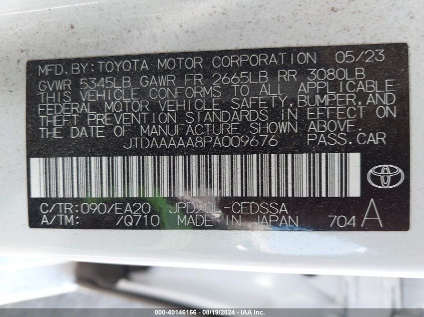 2023 Toyota Mirai Xle VIN: JTDAAAAA8PA009676 Lot: 40146166