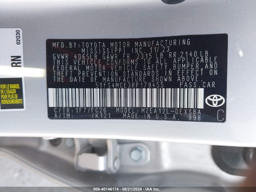 VIN 5YFS4MCE3RP179455 2024 TOYOTA COROLLA no.9