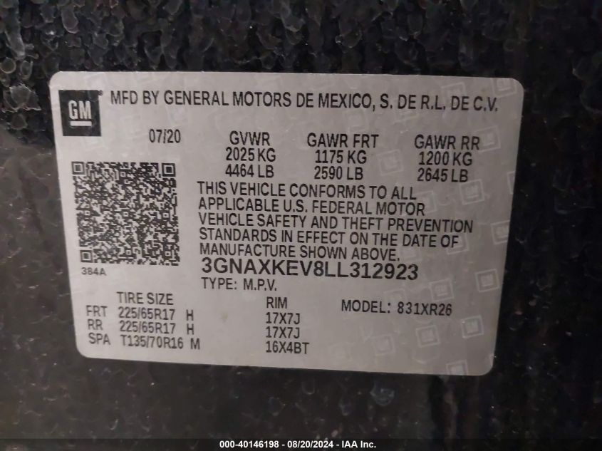 2020 Chevrolet Equinox Lt VIN: 3GNAXKEV8LL312923 Lot: 40146198