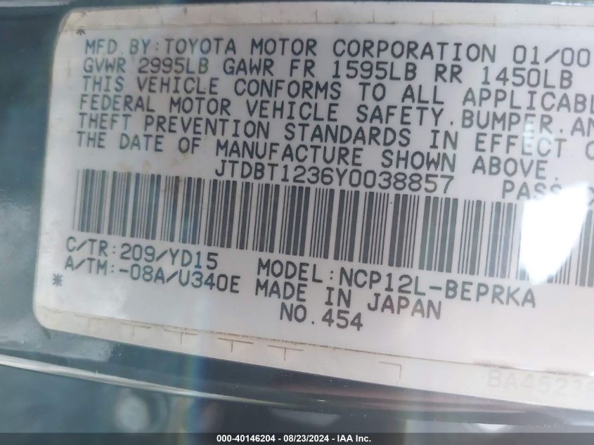 2000 Toyota Echo VIN: JTDBT1236Y0038857 Lot: 40146204