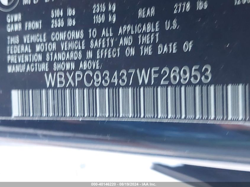 2007 BMW X3 3.0Si VIN: WBXPC93437WF26953 Lot: 40146220