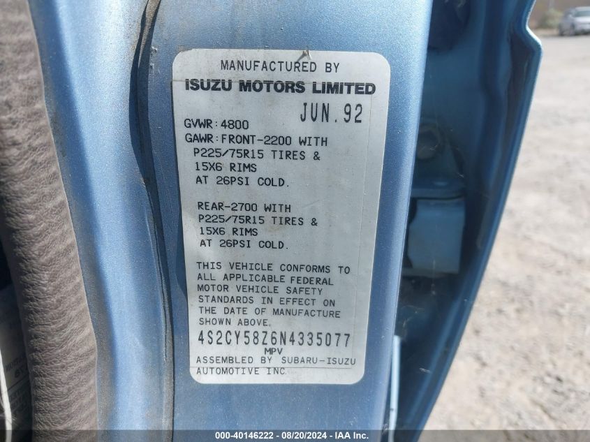 1992 Isuzu Rodeo S/Ls/Xs VIN: 4S2CY58Z6N4335077 Lot: 40146222