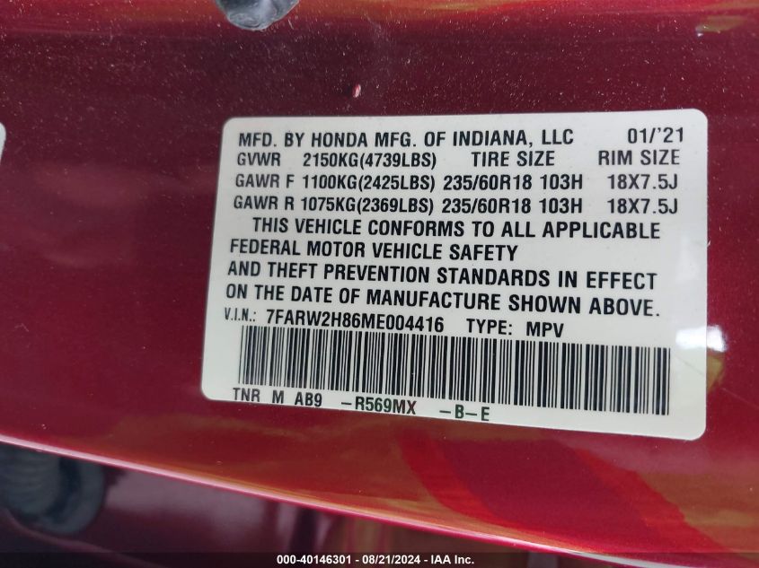 2021 Honda Cr-V Exl VIN: 7FARW2H86ME004416 Lot: 40146301