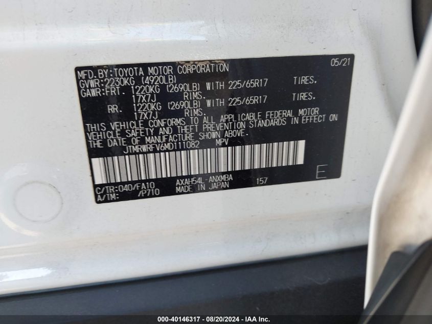 2021 Toyota Rav4 Hybrid Xle VIN: JTMRWRFV6MD111082 Lot: 40146317