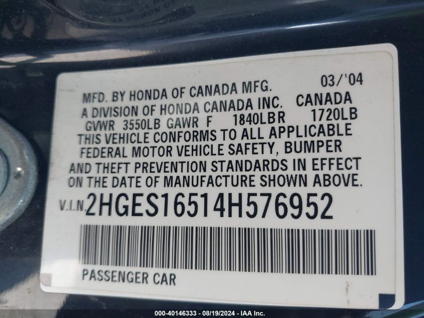 2004 Honda Civic Lx VIN: 2HGES16514H576952 Lot: 40146333