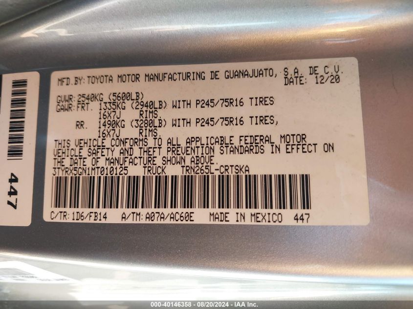 2021 Toyota Tacoma Sr VIN: 3TYRX5GN1MT010125 Lot: 40146358