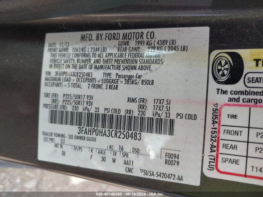 2012 Ford Fusion Se VIN: 3FAHP0HA3CR250483 Lot: 40146360