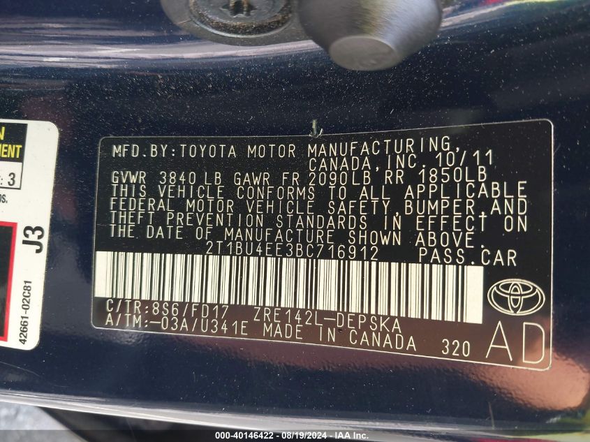 2011 Toyota Corolla S VIN: 2T1BU4EE3BC716912 Lot: 40146422