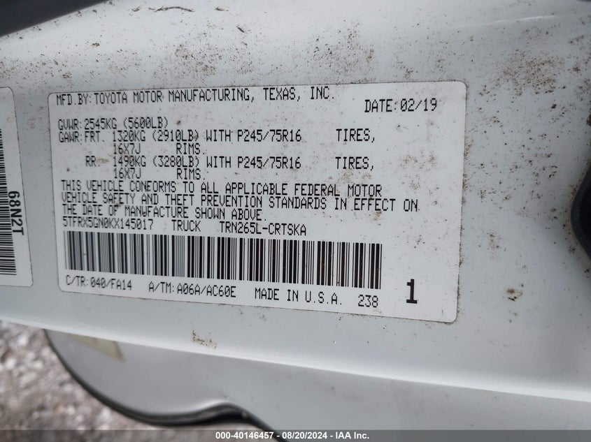 VIN 5TFRX5GN0KX145017 2019 TOYOTA TACOMA SR5