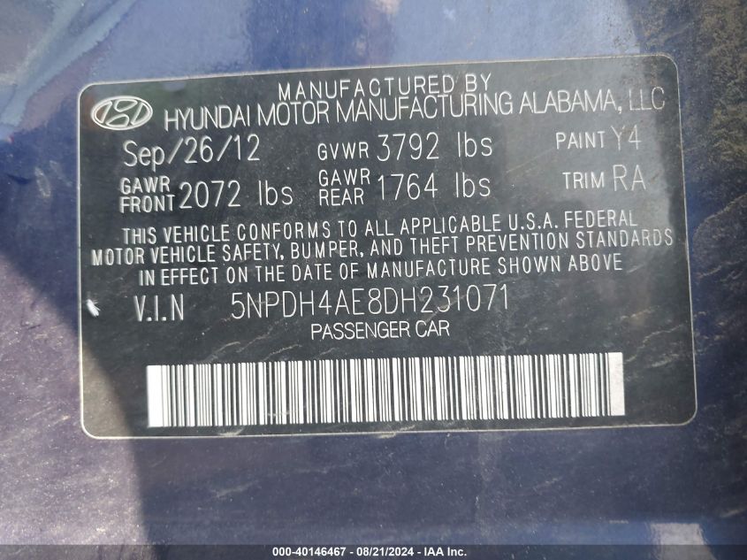 2013 Hyun Elantra Gls Automati Gls VIN: 5NPDH4AE8DH231071 Lot: 40146467