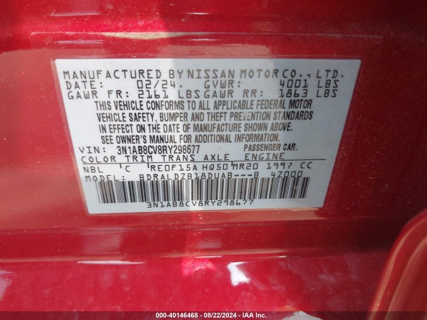 2024 Nissan Sentra Sv Xtronic Cvt VIN: 3N1AB8CV8RY298677 Lot: 40146468