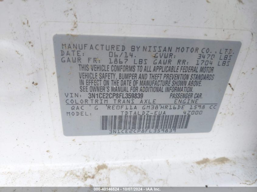 3N1CE2CP8FL359839 2015 Nissan Versa Note Sv