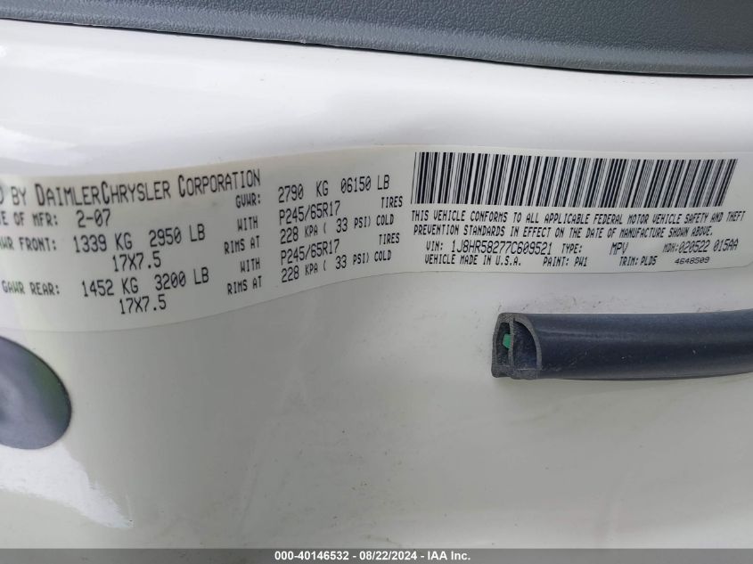 2007 Jeep Grand Cherokee Limited VIN: 1J8HR58277C609521 Lot: 40146532