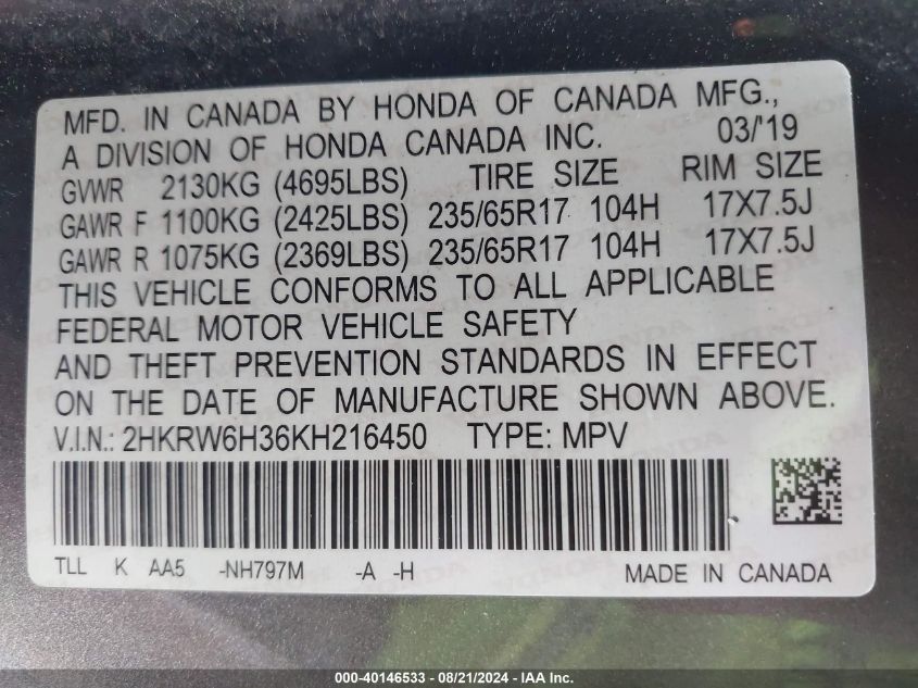 2019 HONDA CR-V LX - 2HKRW6H36KH216450