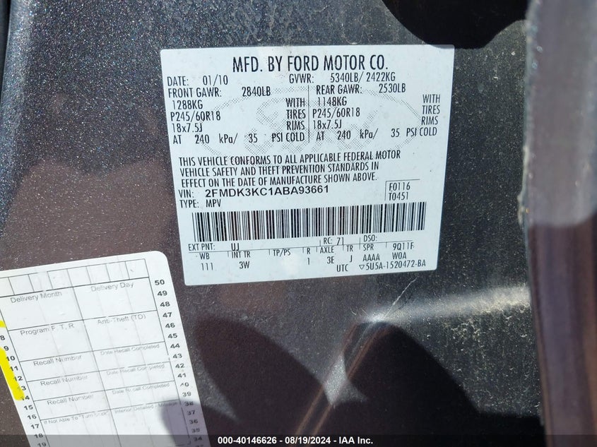 2010 Ford Edge Limited VIN: 2FMDK3KC1ABA93661 Lot: 40146626