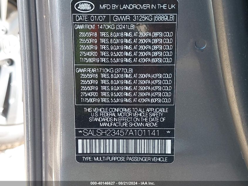 2007 Land Rover Range Rover Sport Supercharged VIN: SALSH23457A101141 Lot: 40146627