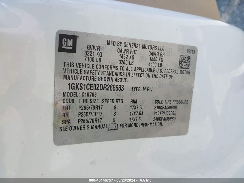 2013 GMC Yukon Slt VIN: 1GKS1CE02DR268683 Lot: 40146757