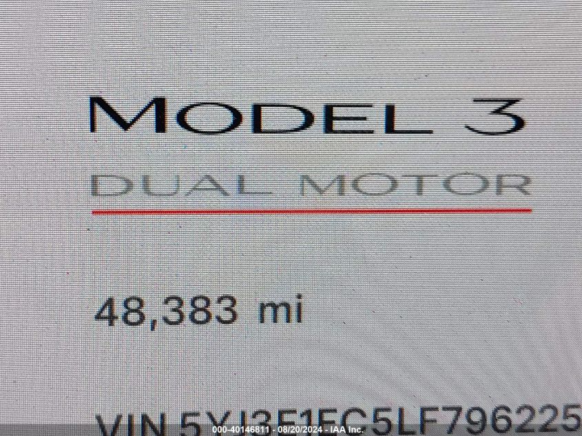 2020 Tesla Model 3 Performance Dual Motor All-Wheel Drive VIN: 5YJ3E1EC5LF796225 Lot: 40146811