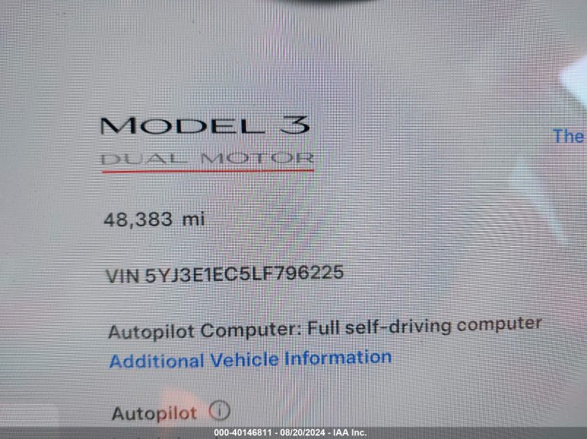 2020 Tesla Model 3 Performance Dual Motor All-Wheel Drive VIN: 5YJ3E1EC5LF796225 Lot: 40146811