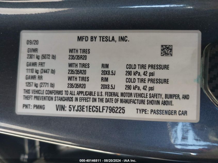 2020 Tesla Model 3 Performance Dual Motor All-Wheel Drive VIN: 5YJ3E1EC5LF796225 Lot: 40146811