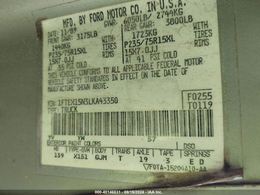 1990 Ford F150 VIN: 1FTEX15N3LKA43350 Lot: 40146831
