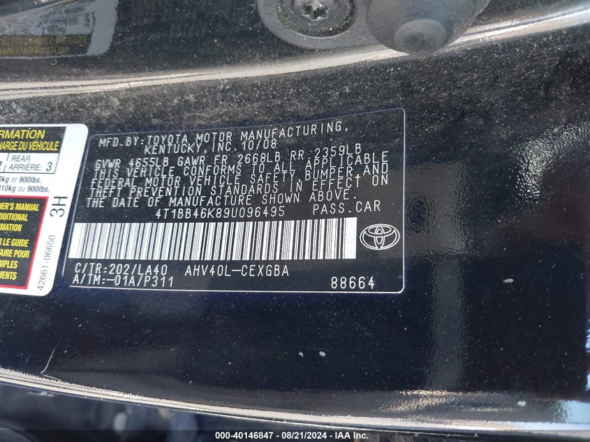 2009 Toyota Camry Hybrid VIN: 4T1BB46K89U096495 Lot: 40146847