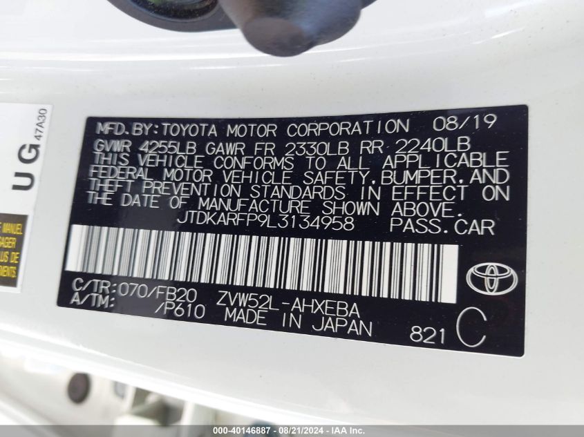 2020 Toyota Prius Prime Le VIN: JTDKARFP9L3134958 Lot: 40146887