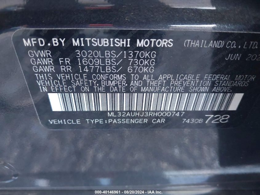 2024 Mitsubishi Mirage Es/Le VIN: ML32AUHJ3RH000747 Lot: 40146961